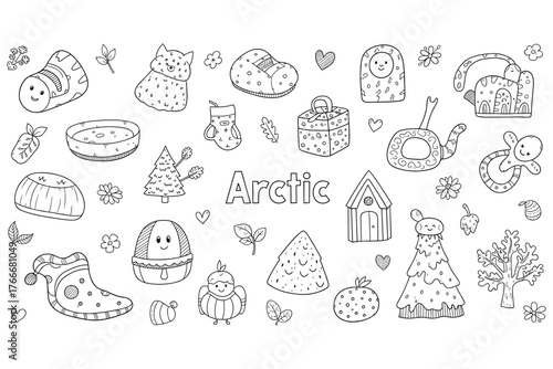 Cute arctic doodles: whimsical winter designs with penguins, trees, and snowflakes