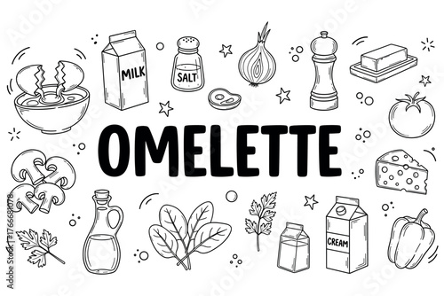 Omelette ingredients illustration: milk, eggs, mushrooms, cheese, pepper, onion, butter, salt