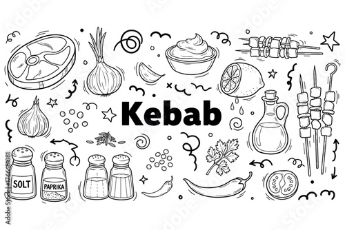 Hand-drawn kebab ingredients: herbs, spices, veggies, meat, skewers