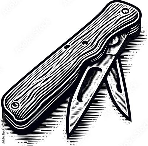 Vintage Folding Pocket Knife With Wood Grain Handle Isolated On White