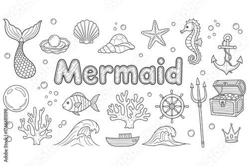 Mermaid theme: underwater creatures, treasure chest, marine life illustration