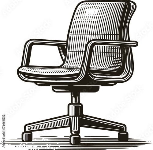 Vintage Office Chair With Armrests And Swivel Base Black And White Illustration