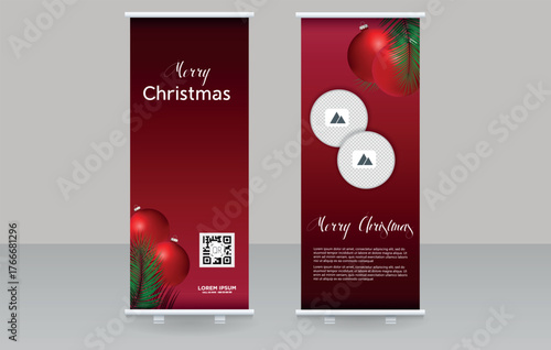 Christmas Roll Up Banner Vector Design. Vector layout with editable text and placeholders for images or QR codes, ideal for print or digital use.
