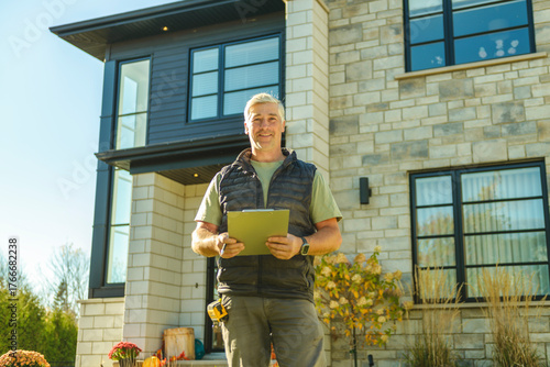 man holding a clipboard in front of inspect house