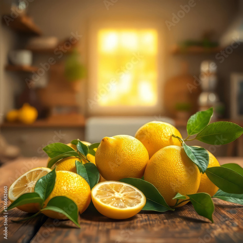 Limoni freschi con foglie su tavolo rustico in cucina illuminata. Generative AI