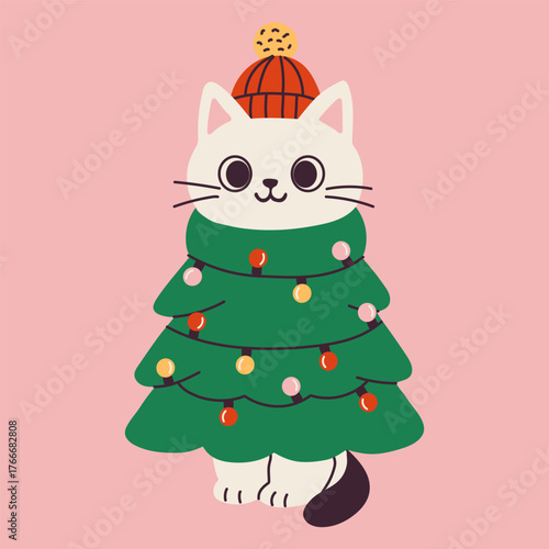 Adorable cartoon kitten in Christmas tree costume with holiday lights