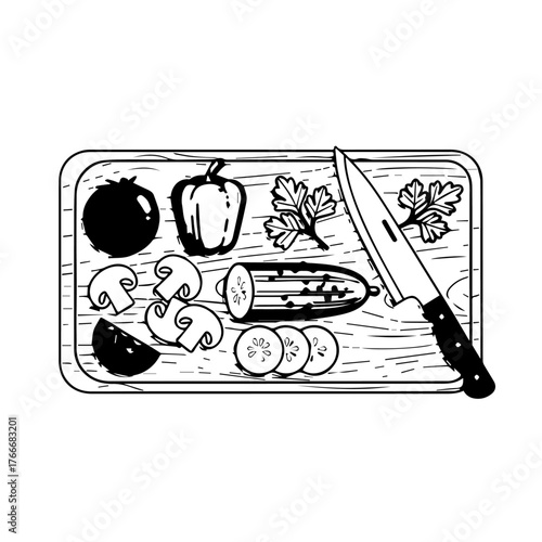 Artistic black and white illustration depicting fresh vegetables and a sharp knife on a wooden cutting board, representing fundamental kitchen preparation and healthy cooking ingredients
