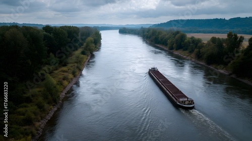 A long cargo barge navigates a wide flowing river lined with lush green trees under an overcast sky