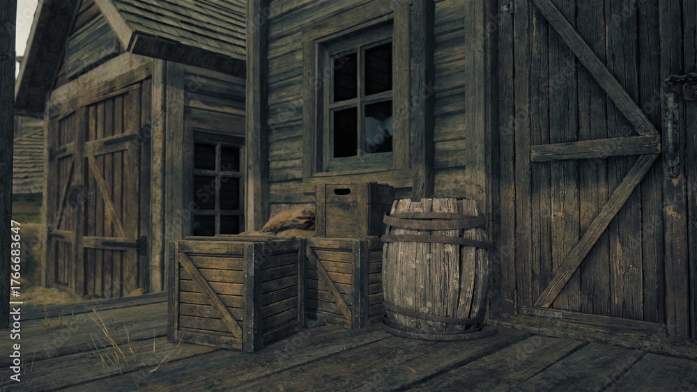 Obraz premium Weathered wooden crates and a barrel stand outside an old farmhouse. The rustic structure exudes charm as the evening light casts shadows across the weathered wood.