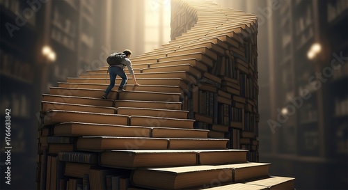 Man climbing a spiral staircase made of books in a grand library