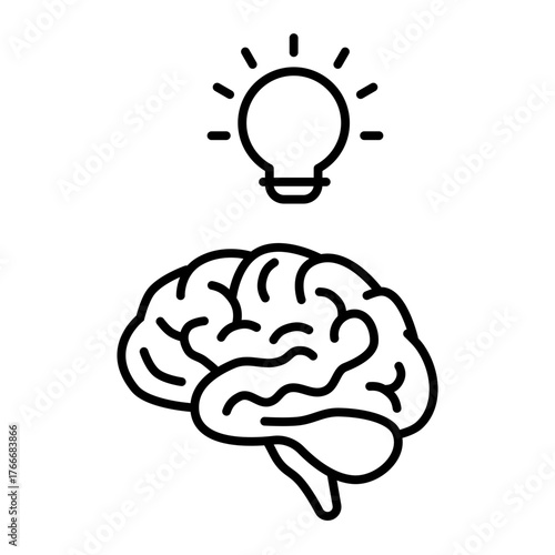brain with lightbulb line icon with editable stroke