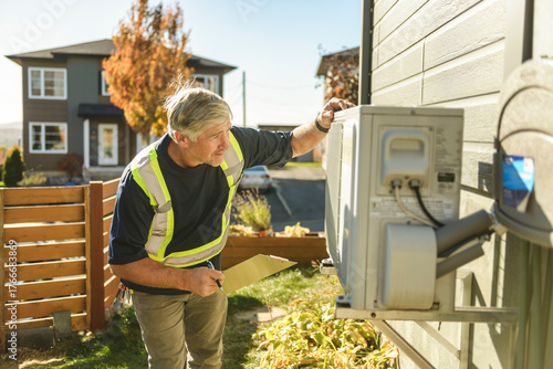 Technician working on air conditioning or heat pump outdoor unit