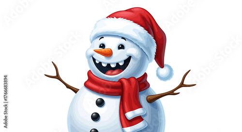 Cartoon Snowman with Santa Hat, Carrot Nose, and Stick Arms Smiling Widely