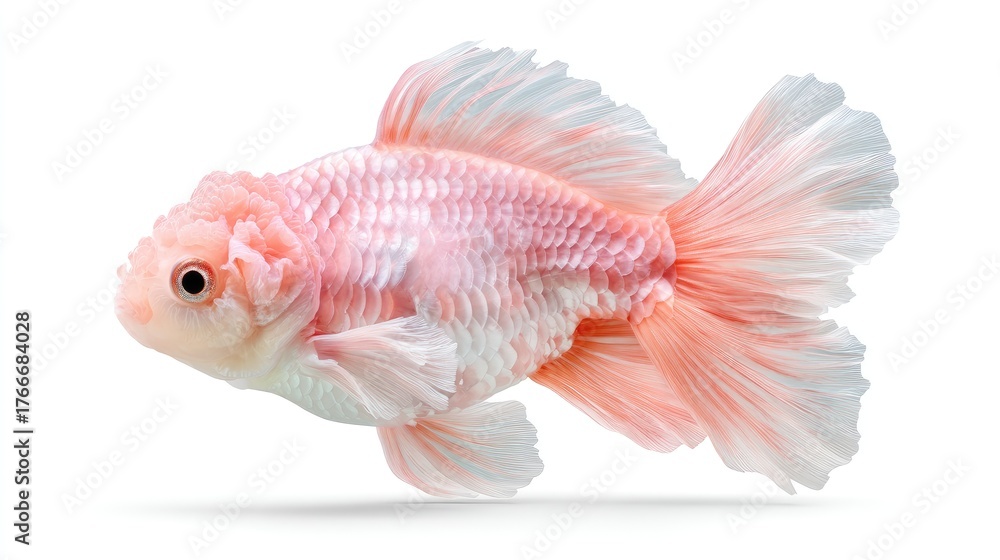 Obraz premium Exotic Pink Goldfish With Flowing Fins And Tail Detailed Scales And Ripples On White Background Studio Shot Macro Photography