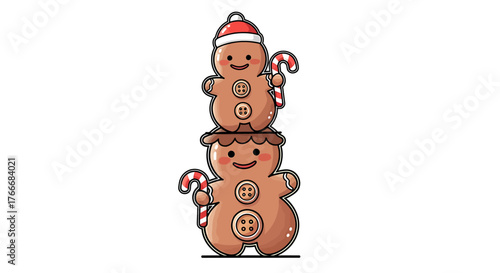 Two Stacked Gingerbread Men with Candy Canes and Festive Hats