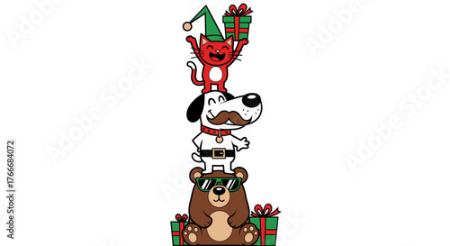 Stacked Christmas Animals: Bear, Dog with Moustache, and Elf Cat with Gift