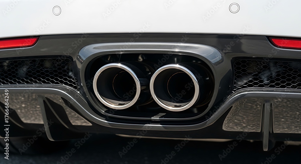 Obraz premium Close-up of a cars dual exhaust pipes, showcasing automotive design.