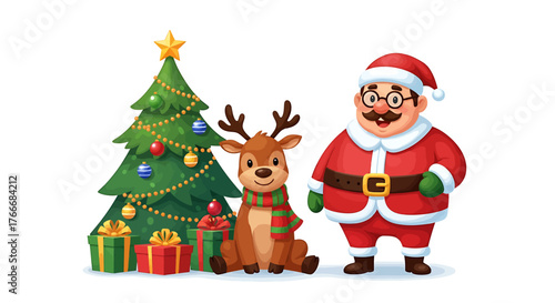 Festive Christmas Scene Featuring Santa Claus, Reindeer, and Decorated Tree