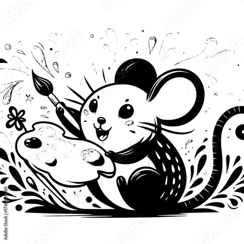 Black and White Vector Silhouette of Cartoon Artist Mouse Character