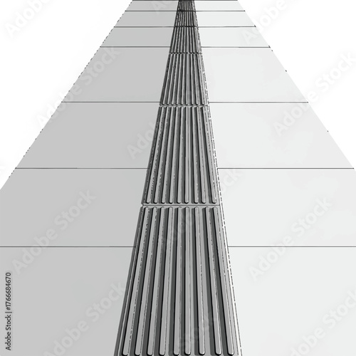 Minimalist perspective of modern tactile paving, showing textured guidance strips for accessibility contrasted with smooth panels, an abstract urban design concept
