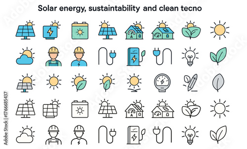Solar Energy and Sustainability Icons – Clean Technology and Renewable Power Vector Set