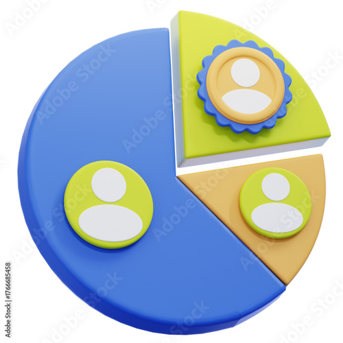 A 3D pie chart representing data segmentation, showcasing distinct portions with user icons, illustrating audience division or demographic breakdown for analysis