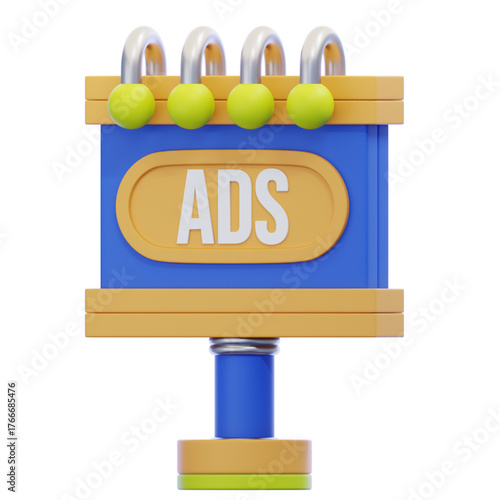 Vibrant 3D rendering of a stylized billboard icon, symbolizing digital advertising, commercial marketing campaigns, and promotional messages