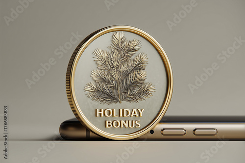A gold coin with a Christmas tree and the words 
