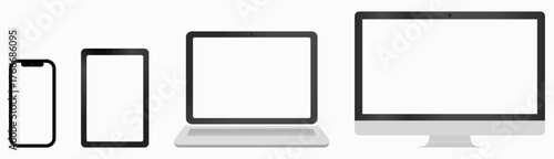 Laptop tablet smartphone desktop computer device screen vector design. Laptop tablet phone desktop device vector template. Digital device screens vector mockup for web and app design. vector, icons
