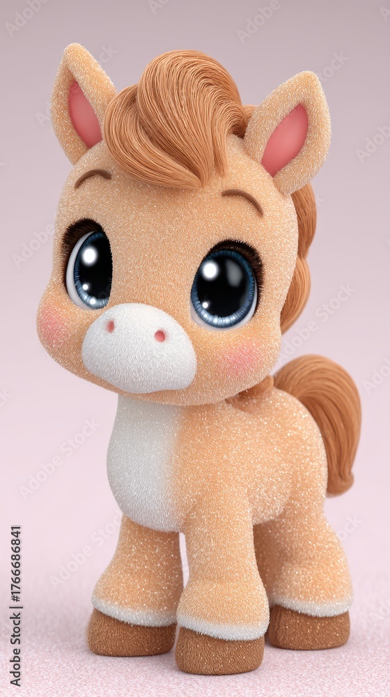 Naklejka premium Adorable Cartoon Foal with Sparkly Coat and Large Blue Eyes