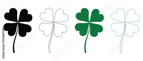 Good luck four leaf clover flat icon set.   Lucky Shamrock Silhouettes for St. Patrick's Day and Good Fortune . isolated on transparent background.