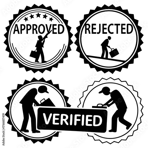 Vector art of approved, rejected, and verified stamps with people working
