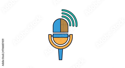 Vibrant digital graphic of a studio microphone icon with sound waves for podcasting and broadcasting