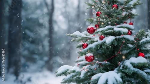 A decorated Christmas tree in a snowy forest with falling snow. Christmas background. 