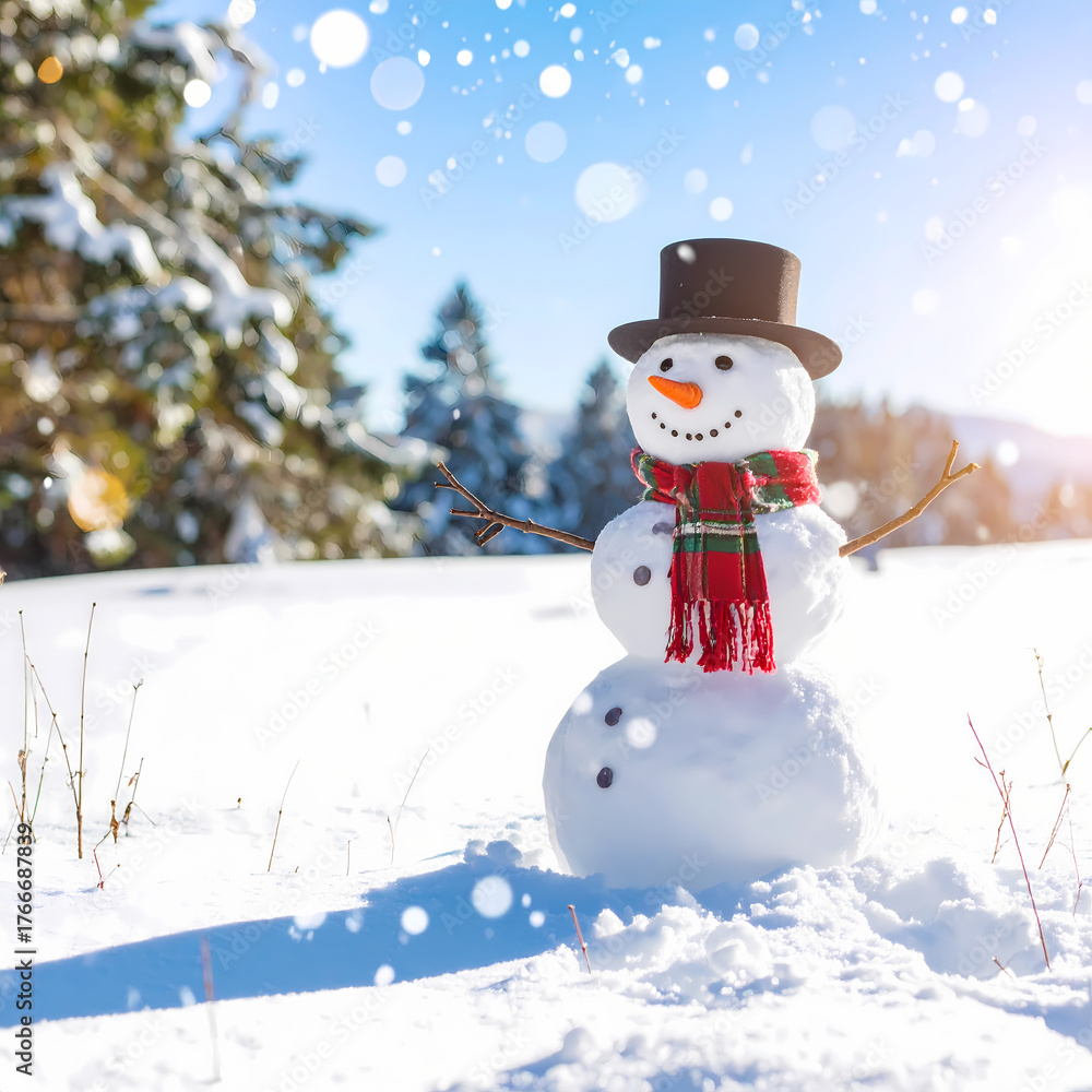 Obraz premium Snowman in snowy landscape with hat and scarf during winter season