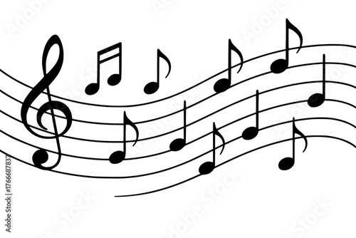 Musical notes flowing black and white vector illustration