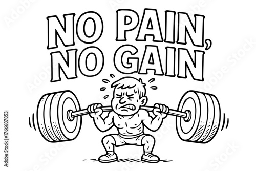 Motivational illustration with man lifting barbell and slogan "no pain no gain"