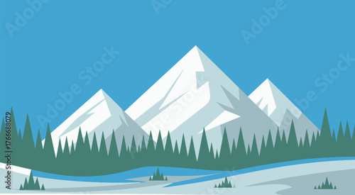 Cartoon Winter Landscape  With Snow-Covered Mountains, Evergreen Trees, and Scenic Cold Weather Nature Illustration.