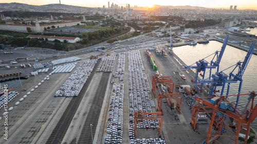 Canvas Print Aerial view of new cars parked at Haydarpasa port in Istanbul, Turkey