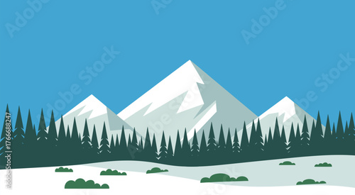 Snowy Mountain Landscape . Cartoon Winter Scene with Pine Forest, Hills, and Frozen Nature Background Vector