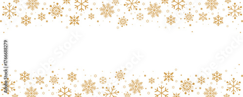 Elegant gold and tan snowflake border design for header/footer, featuring various sizes of flakes and stars on a white background. Perfect vector frame for Christmas and winter themes.