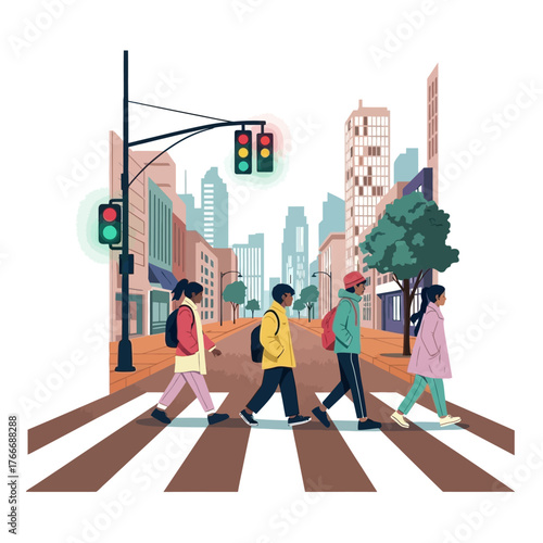 Children Crossing Street at Zebra Crossing Safety, Urban, Education, and Community Concept