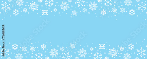 Horizontal banner with white snow flakes and stars framing a blue background. Elegant, simple vector design ideal for winter holiday headers, footers, and announcements.
