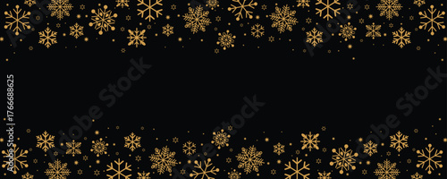 Horizontal banner with gold snowflakes and stars framing a black background. Elegant, simple vector design ideal for winter holiday headers, footers, and announcements.
