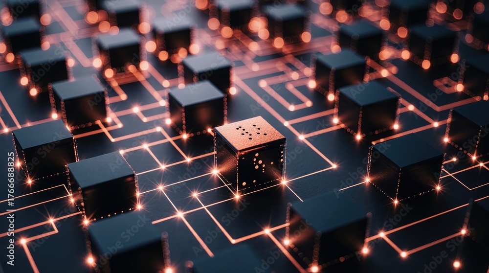 Obraz premium Abstract network of glowing circuits and dark cubes representing technology and data