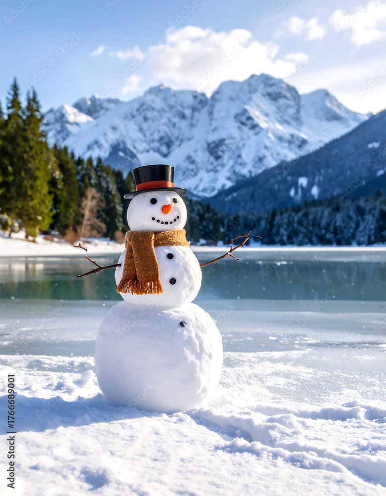 Obraz premium Snowman on frozen lake with mountains backdrop festive winter scene