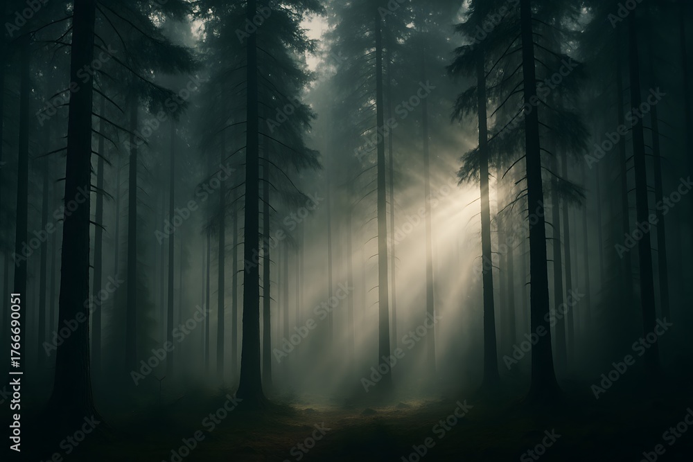 Obraz premium Sunlight streams through a dense, foggy forest, illuminating the trees and mist