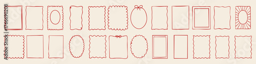 Collection of 24 red hand drawn frames in various shapes: rectangles, ovals, scalloped and wavy borders. Minimal doodle style perfect for Christmas cards, invitations, and gift tags