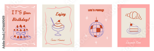Set of vintage happy birthday greeting cards. Valentine's Day. Hand drawn whimsical frames with birthday cake, elegant bows and ribbons. Template for poster, banner, wedding invitation, birthday card.
