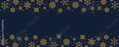 Horizontal banner with golden snowflakes and stars framing a white background. Elegant, simple vector design ideal for winter holiday headers, footers, and announcements.